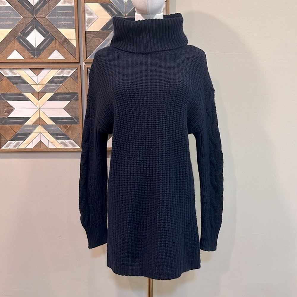 NAADAM Cable Knit Sleeve Turtleneck Sweater Dress Tunic Cashmere Wool Navy XS